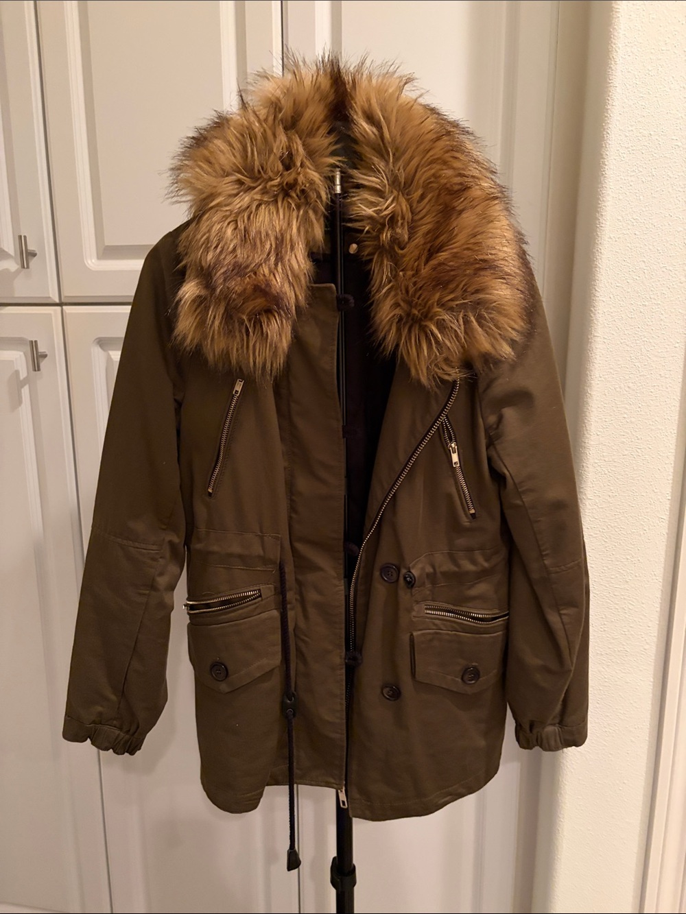 Zara Olive green Coat with Faux Fur Trim